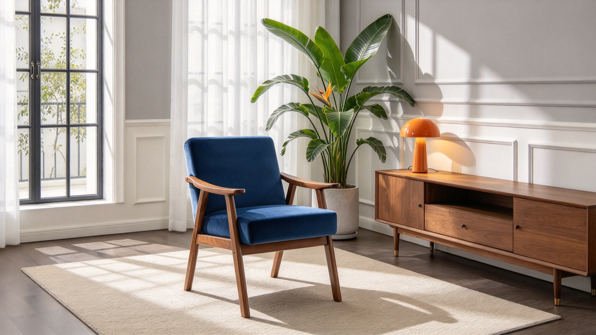 Fauteuil d’appoint en velours avec accoudoirs incurvés et structure en bois
