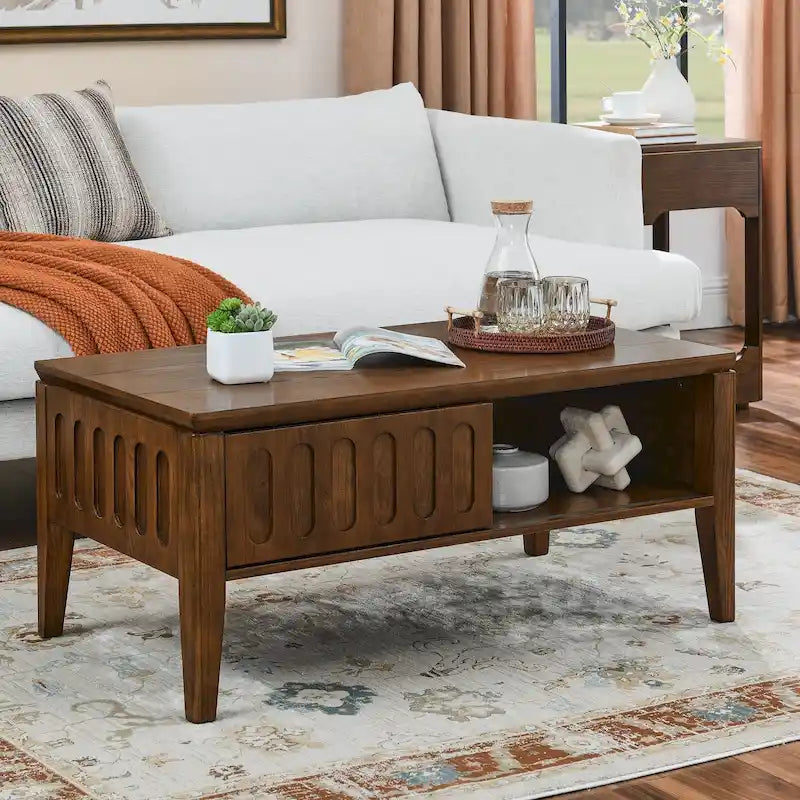 Mid-Century Fluted Coffee Table with Sliding Storage