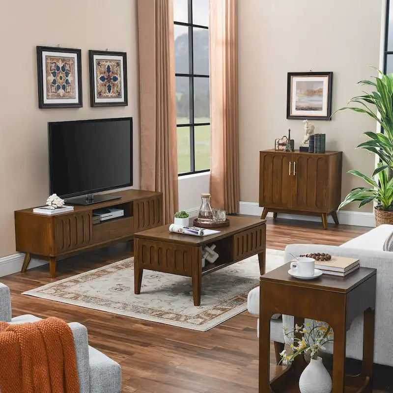 Mid-Century Fluted Coffee Table with Sliding Storage