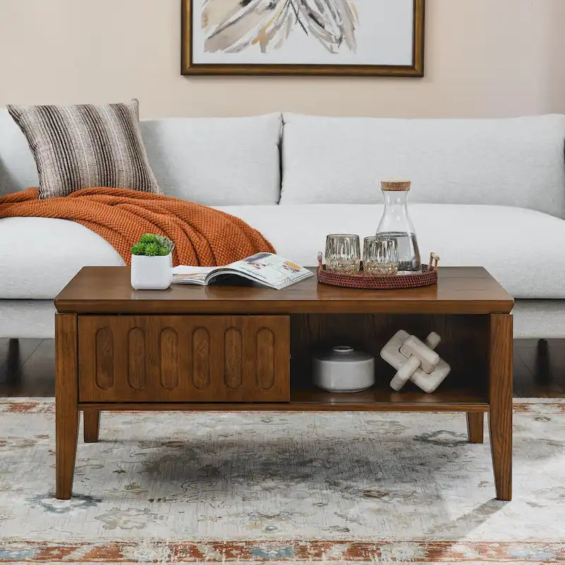 Mid-Century Fluted Coffee Table with Sliding Storage