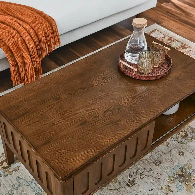 Mid-Century Fluted Coffee Table with Sliding Storage