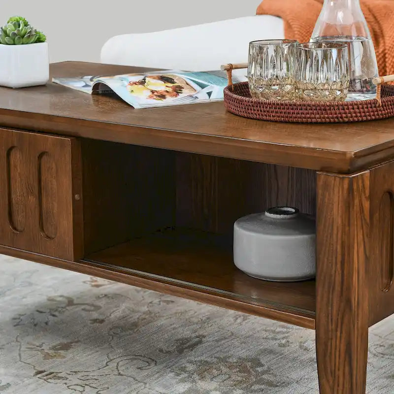 Mid-Century Fluted Coffee Table with Sliding Storage