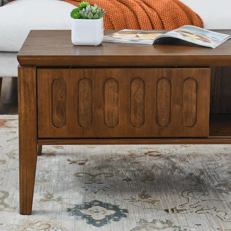 Mid-Century Fluted Coffee Table with Sliding Storage