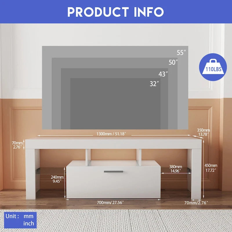 White TV Stand with RGB LED Lights for TVs up to 55 Inches