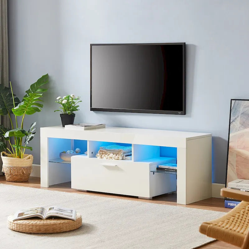White TV Stand with RGB LED Lights for TVs up to 55 Inches