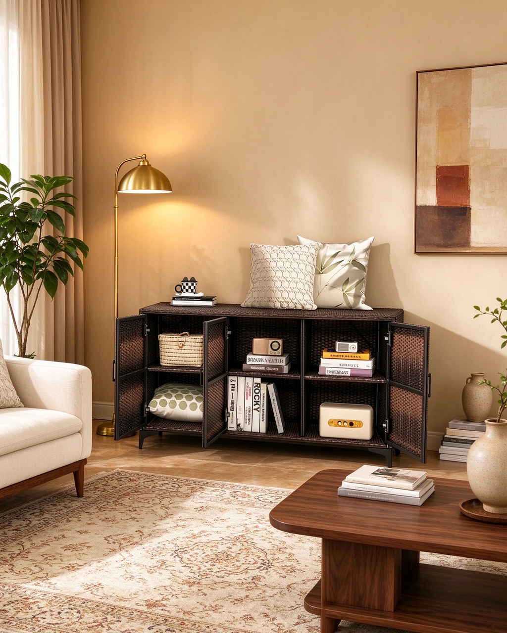 84-Gallon Patio Wicker Storage Cabinet with Three Doors