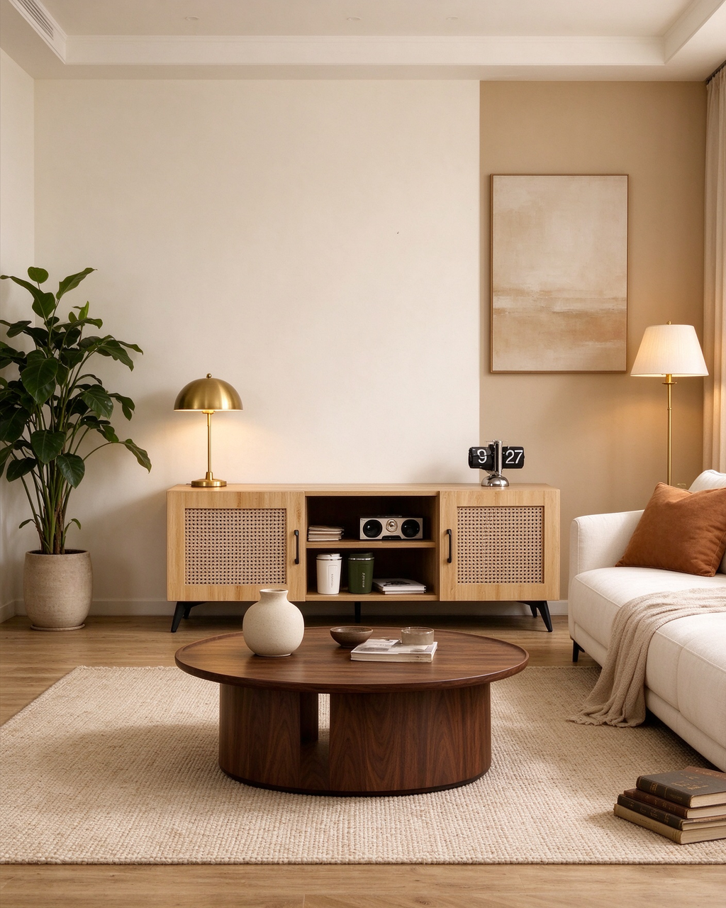 Oak TV Stand with Rattan Panels, 51.2 in.