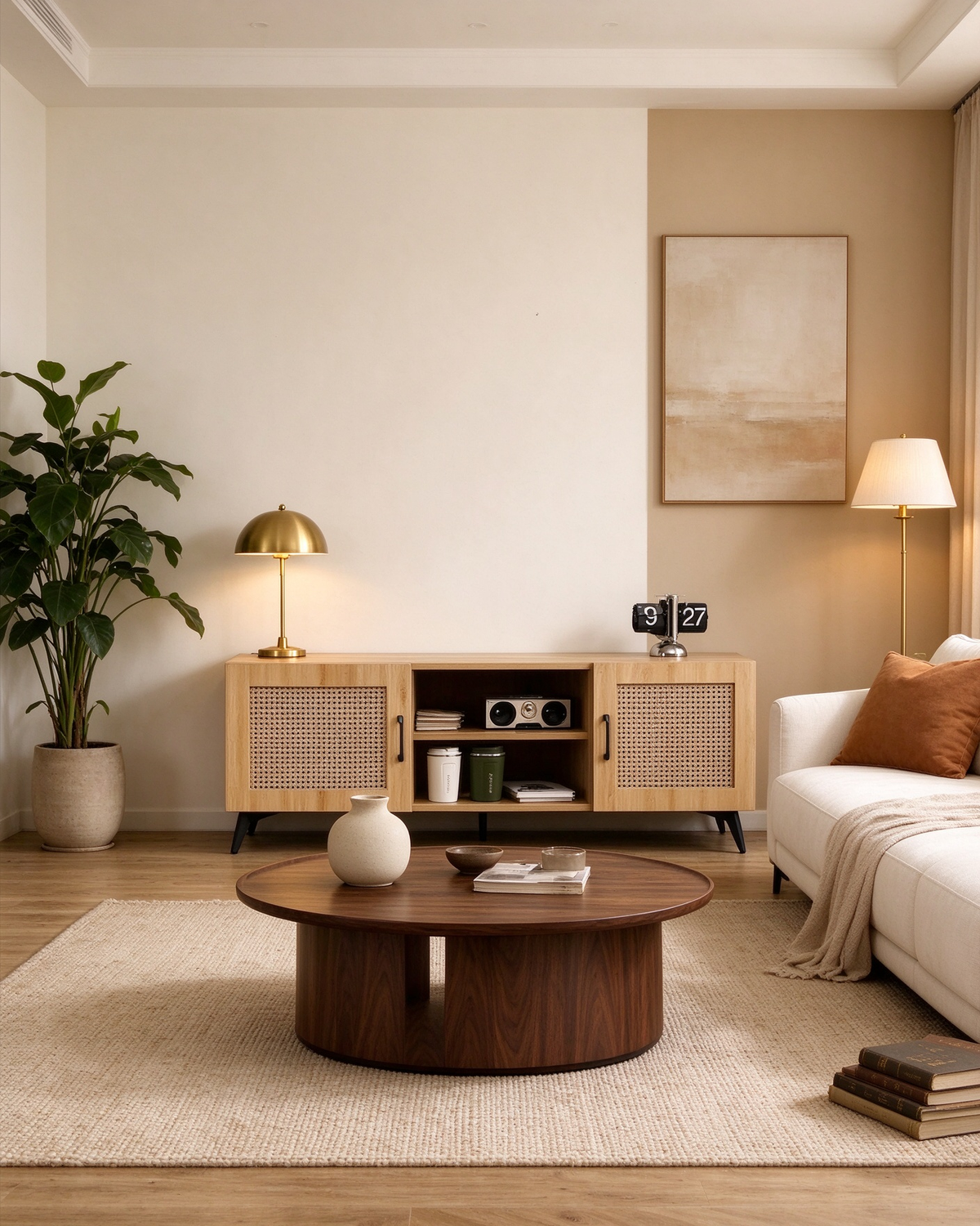 Oak TV Stand with Rattan Panels, 51.2 in.