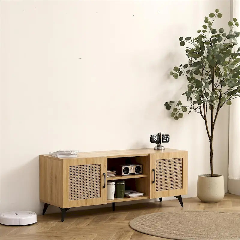 Oak TV Stand with Rattan Panels, 51.2 in.