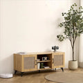 Oak TV Stand with Rattan Panels, 51.2 in.