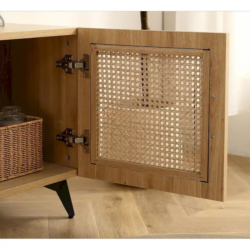 Oak TV Stand with Rattan Panels, 51.2 in.