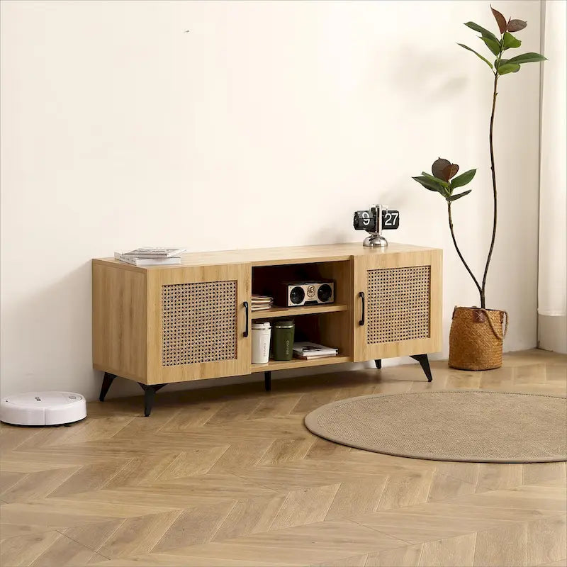 Oak TV Stand with Rattan Panels, 51.2 in.