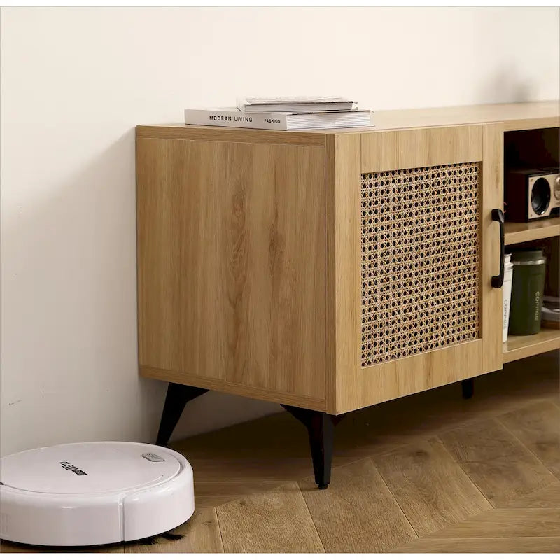 Oak TV Stand with Rattan Panels, 51.2 in.