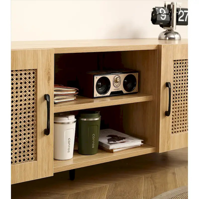 Oak TV Stand with Rattan Panels, 51.2 in.