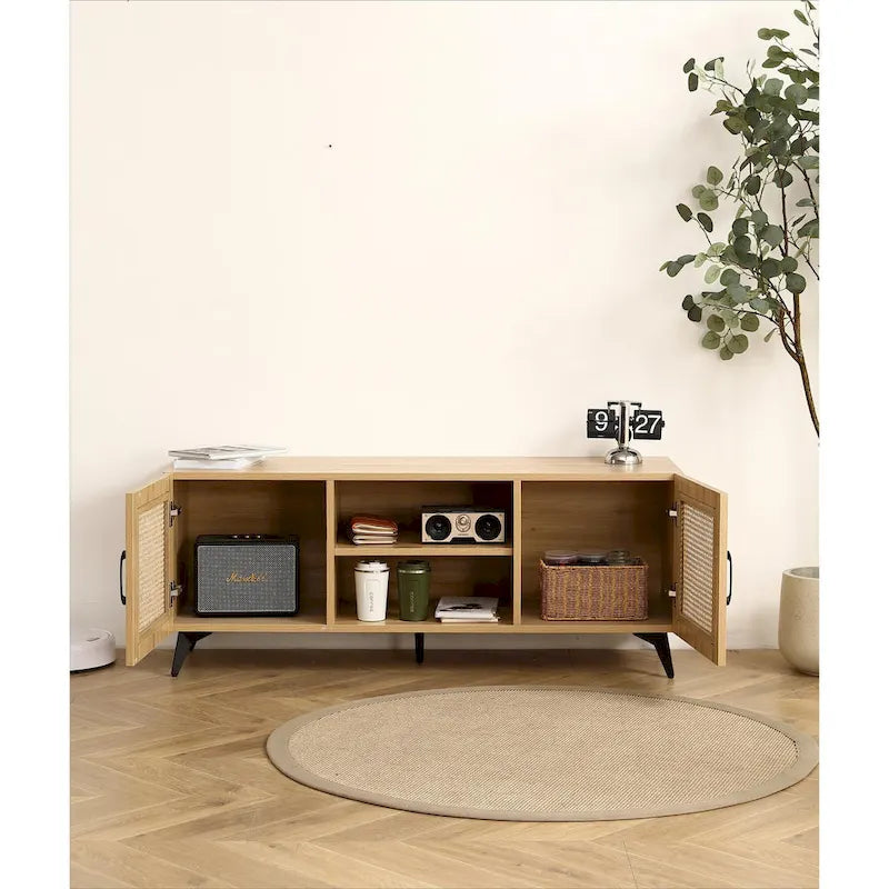 Oak TV Stand with Rattan Panels, 51.2 in.