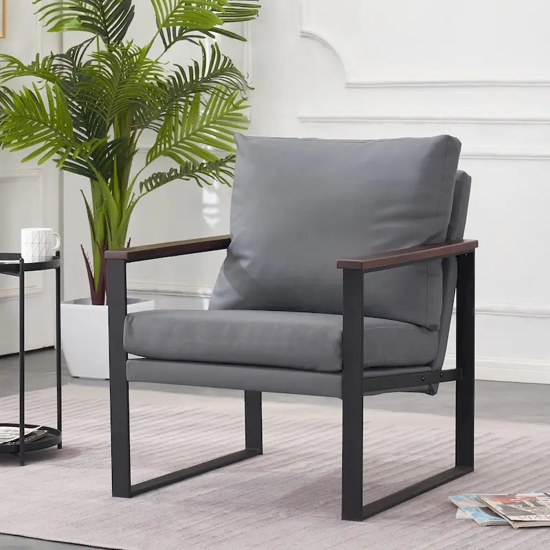 Modern Faux Leather Accent Chair with Wood Armrests
