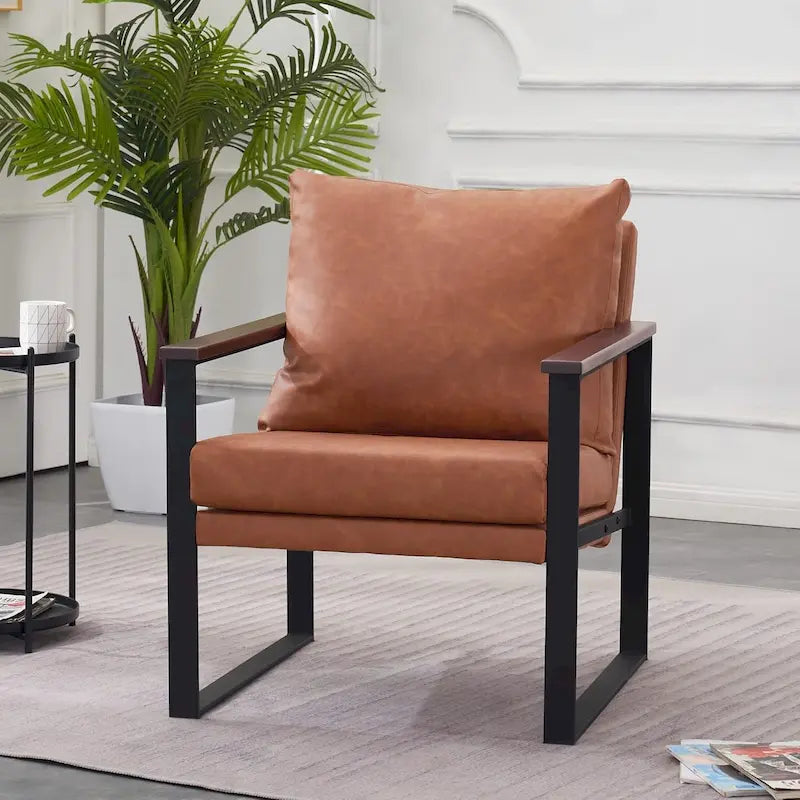 Modern Faux Leather Accent Chair with Wood Armrests