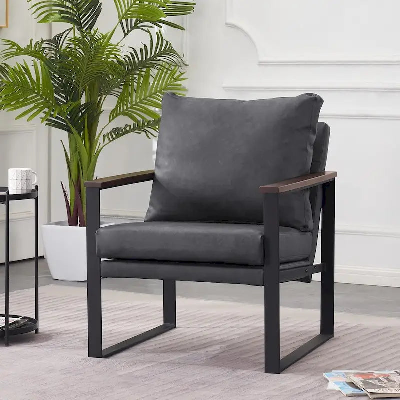 Modern Faux Leather Accent Chair with Wood Armrests