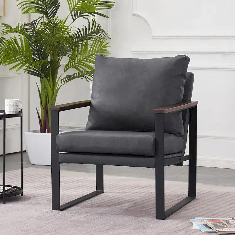 Modern Faux Leather Accent Chair with Wood Armrests