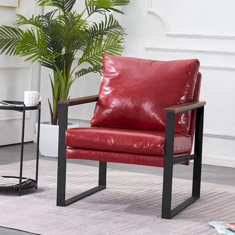 Modern Faux Leather Accent Chair with Wood Armrests