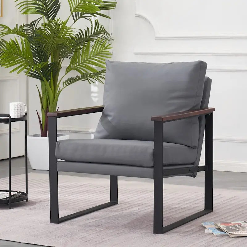 Modern Faux Leather Accent Chair with Wood Armrests