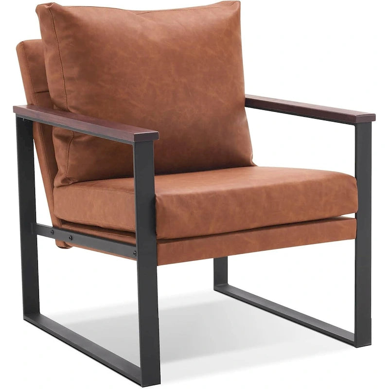 Modern Faux Leather Accent Chair with Wood Armrests