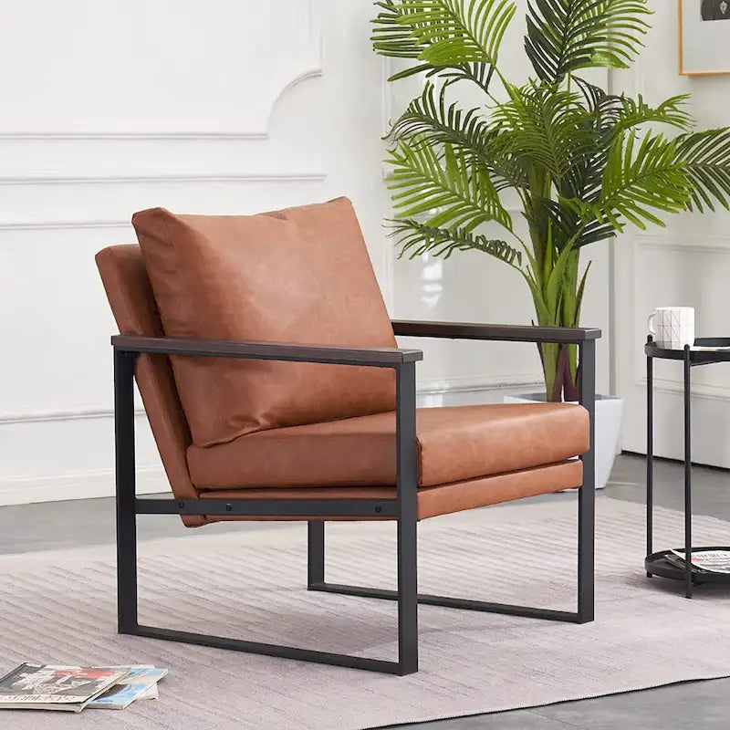 Modern Faux Leather Accent Chair with Wood Armrests