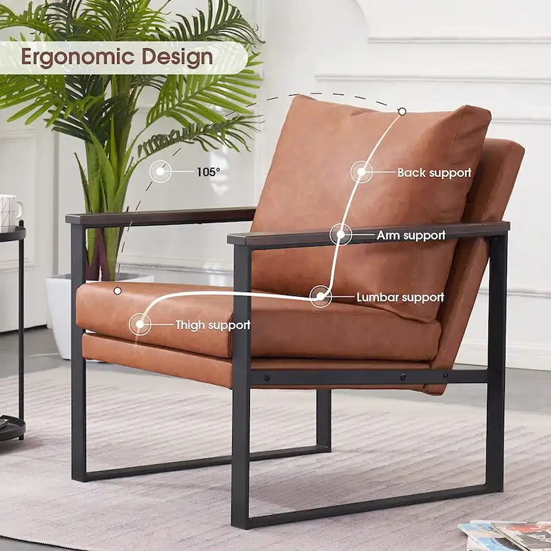 Modern Faux Leather Accent Chair with Wood Armrests