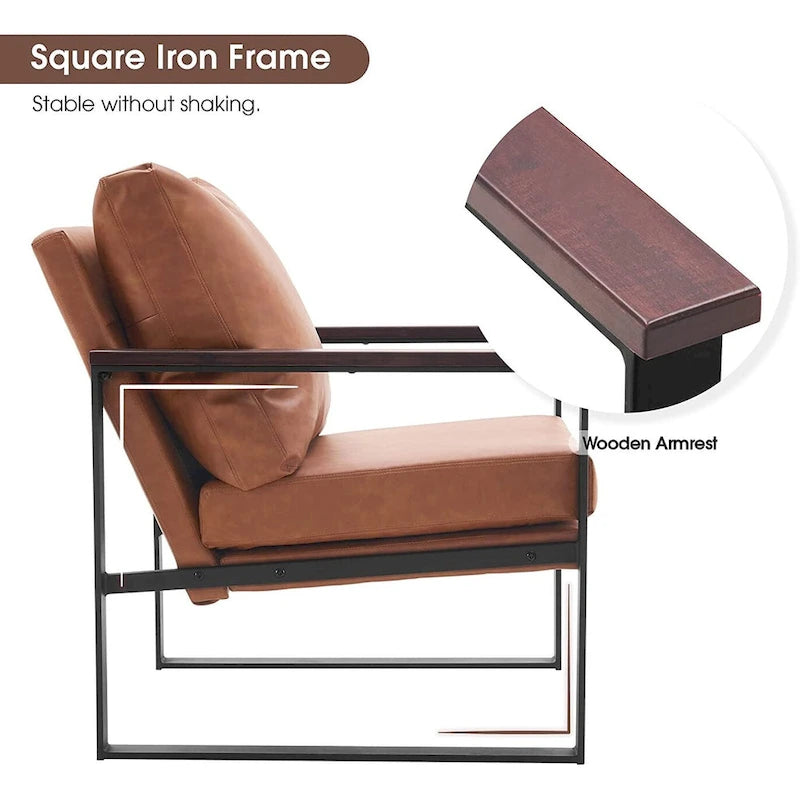Modern Faux Leather Accent Chair with Wood Armrests