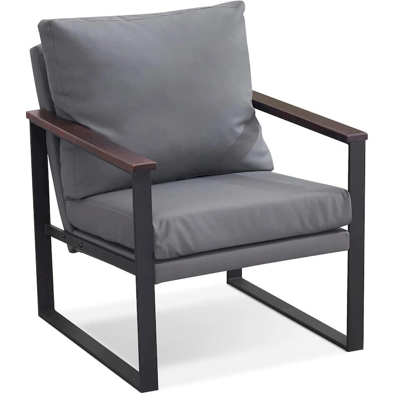Modern Faux Leather Accent Chair with Wood Armrests