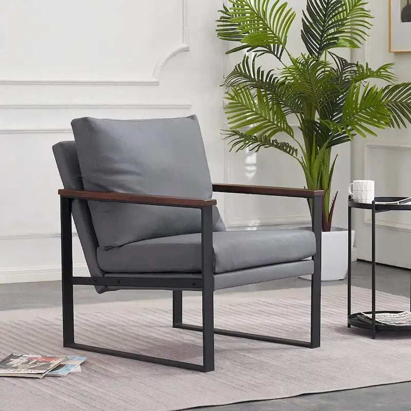 Modern Faux Leather Accent Chair with Wood Armrests