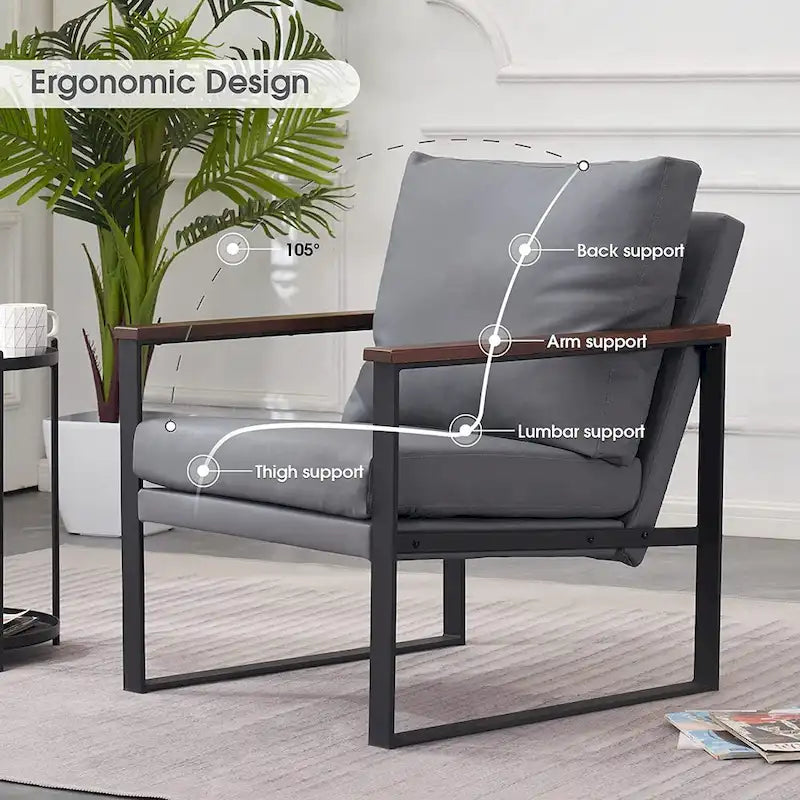 Modern Faux Leather Accent Chair with Wood Armrests