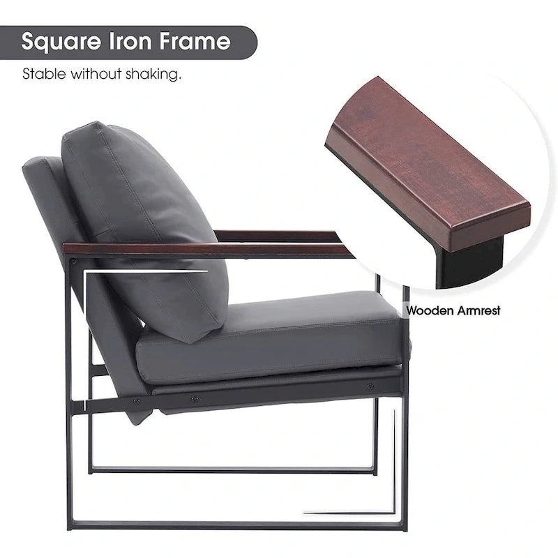 Modern Faux Leather Accent Chair with Wood Armrests