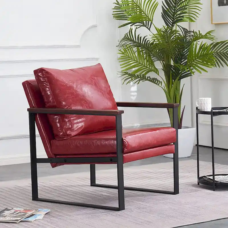 Modern Faux Leather Accent Chair with Wood Armrests