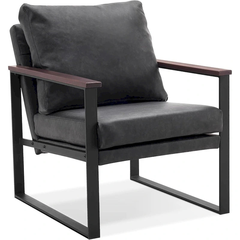 Modern Faux Leather Accent Chair with Wood Armrests