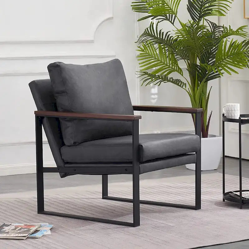 Modern Faux Leather Accent Chair with Wood Armrests