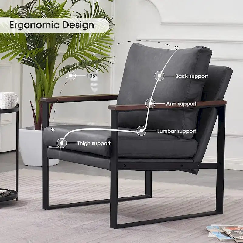 Modern Faux Leather Accent Chair with Wood Armrests