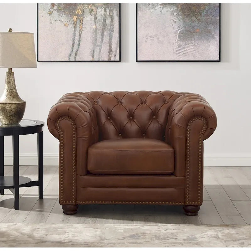 Top-Grain Leather Chesterfield Accent Chair