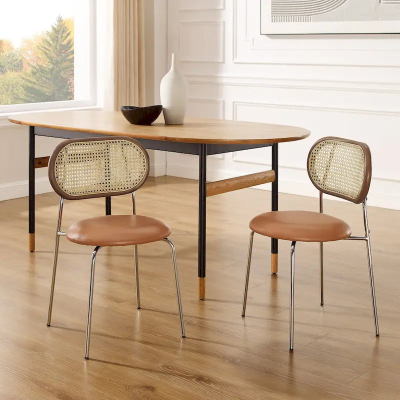 Cane-Back Faux Leather Dining Chairs, Set of 2