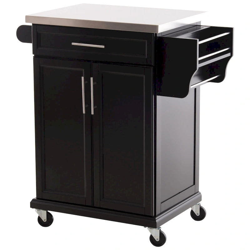 Black Rolling Kitchen Island with Stainless Steel Top