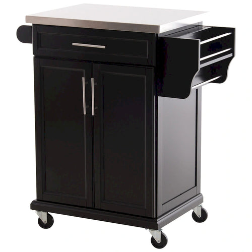 Black Rolling Kitchen Island with Stainless Steel Top
