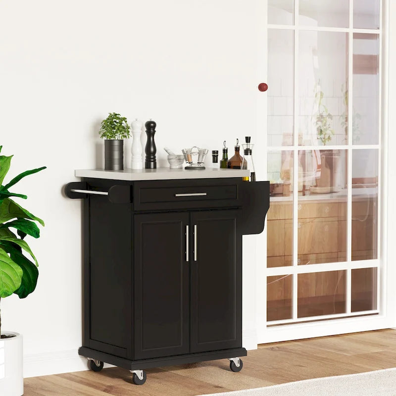 Black Rolling Kitchen Island with Stainless Steel Top