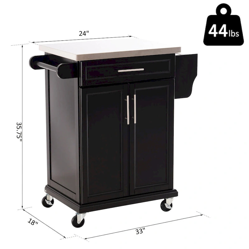 Black Rolling Kitchen Island with Stainless Steel Top