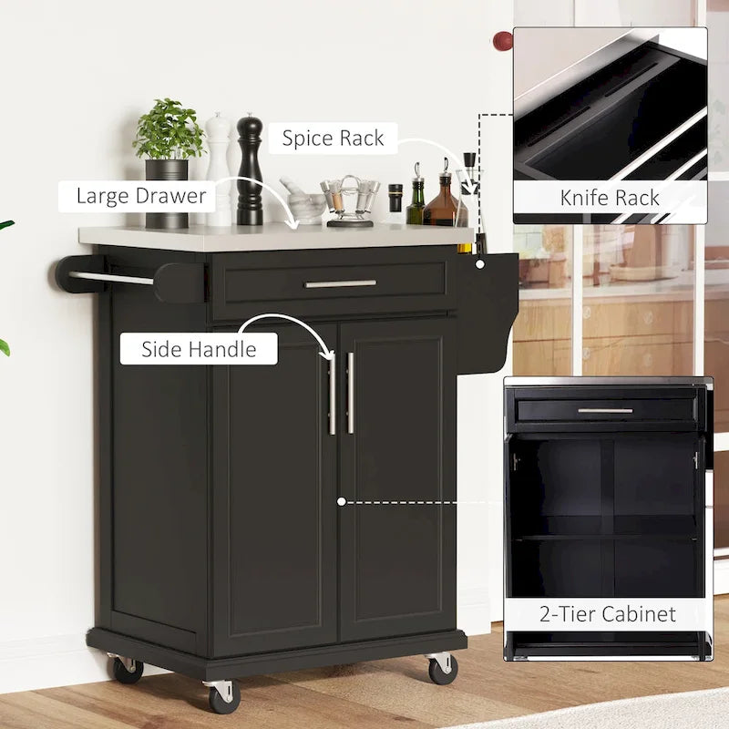 Black Rolling Kitchen Island with Stainless Steel Top