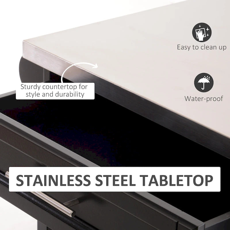 Black Rolling Kitchen Island with Stainless Steel Top