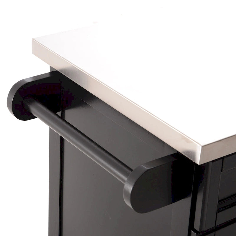 Black Rolling Kitchen Island with Stainless Steel Top