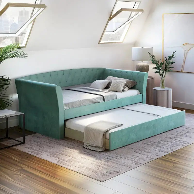 Velvet Upholstered Twin Daybed with Trundle