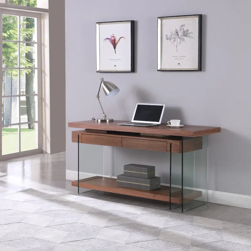 Rotating Glass and Walnut Veneer Desk