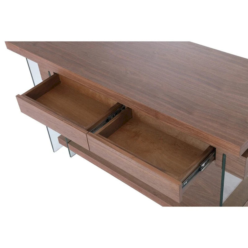 Rotating Glass and Walnut Veneer Desk