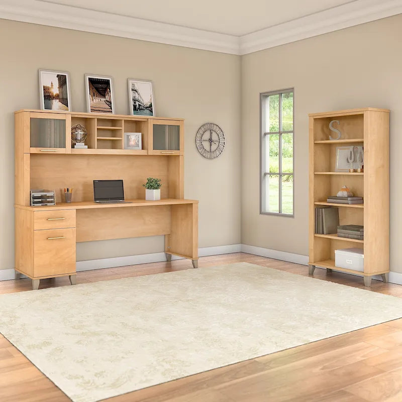 72-Inch Office Desk with Hutch and 5-Shelf Bookcase, Ash Gray
